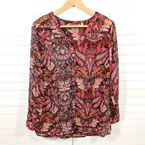 Soft Surroundings Tasha Top Womens Small Sheer Autumn Floral Metallic Bohemian